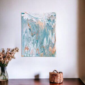 Acrylic Turquoise, Peach and White Painting Texture Rolled Canvas  New